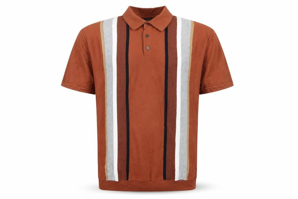 Next Men’s Brown Striped Knit Polo Shirt XL Short Sleeve Retro