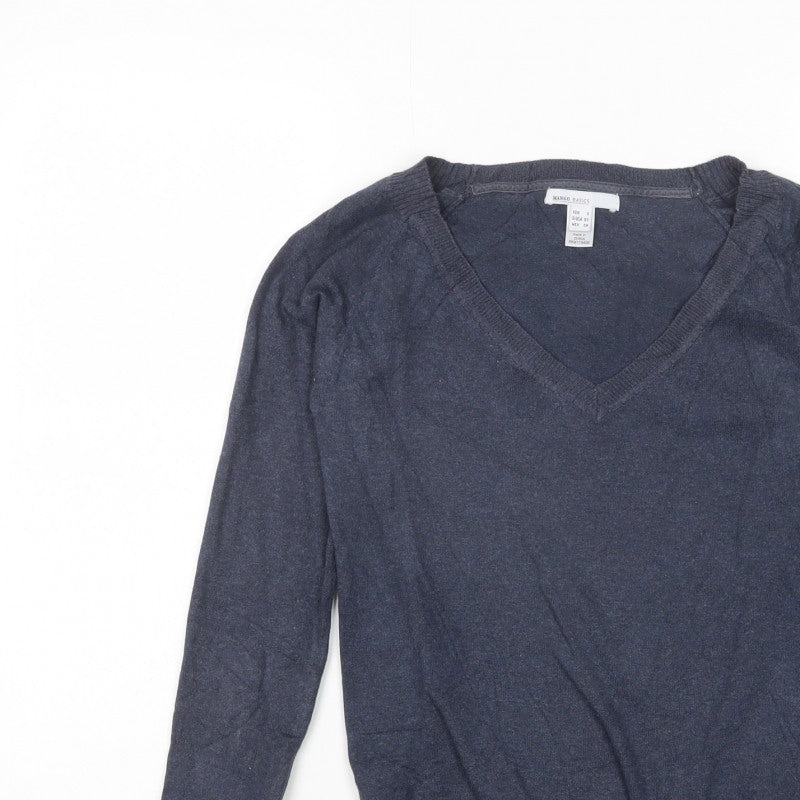 Mango Basics Women’s Blue S V-Neck Cotton Blend Knit Pullover Jumper