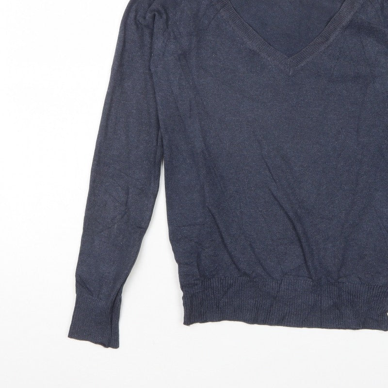 Mango Basics Women’s Blue S V-Neck Cotton Blend Knit Pullover Jumper