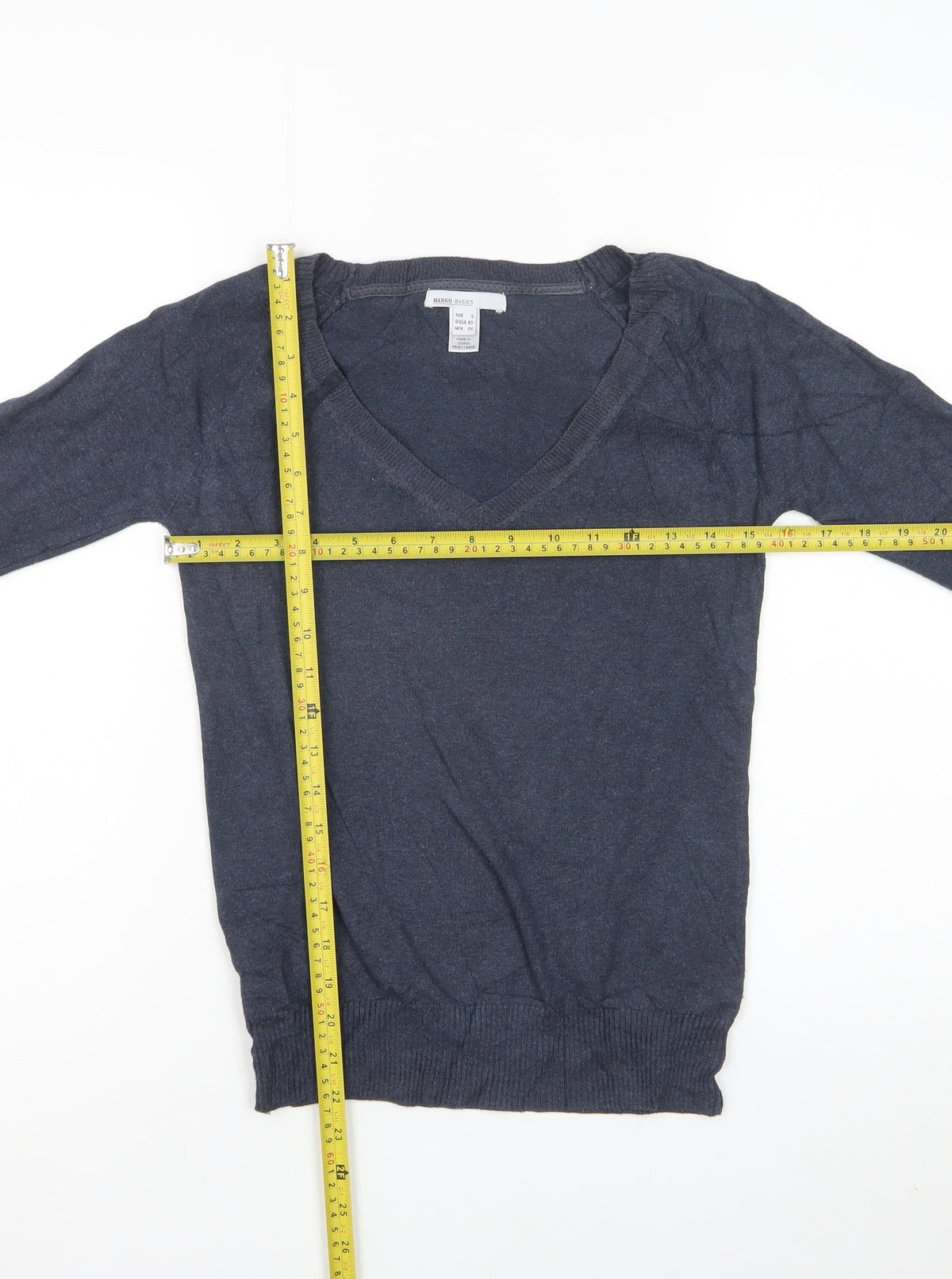 Mango Basics Women’s Blue S V-Neck Cotton Blend Knit Pullover Jumper