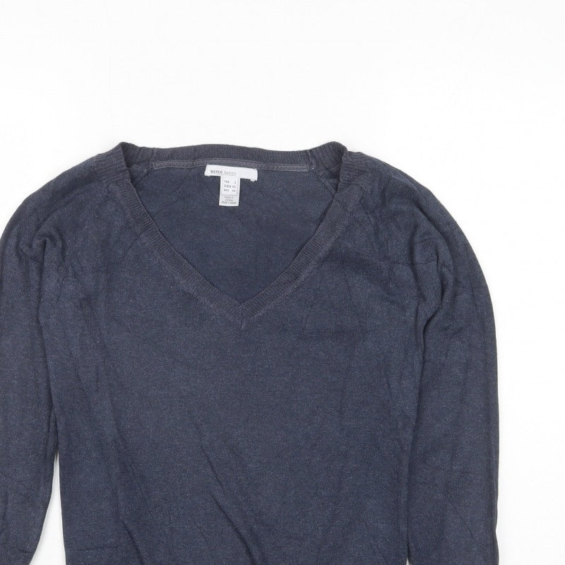 Mango Basics Women’s Blue S V-Neck Cotton Blend Knit Pullover Jumper