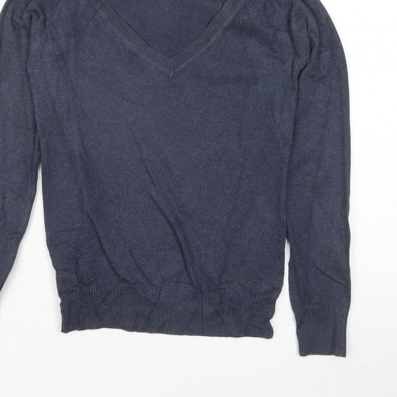 Mango Basics Women’s Blue S V-Neck Cotton Blend Knit Pullover Jumper
