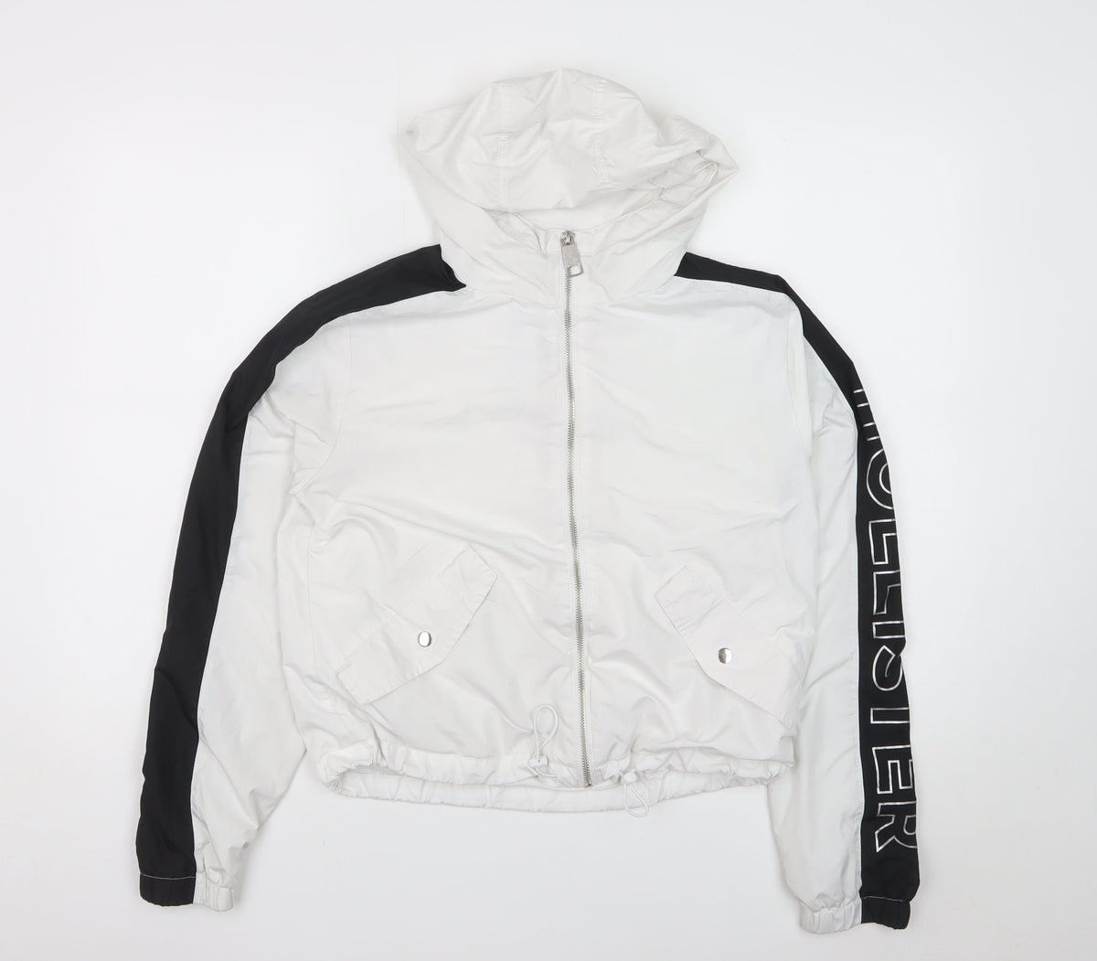 Hollister Women's White Black Hooded Windbreaker Jacket S