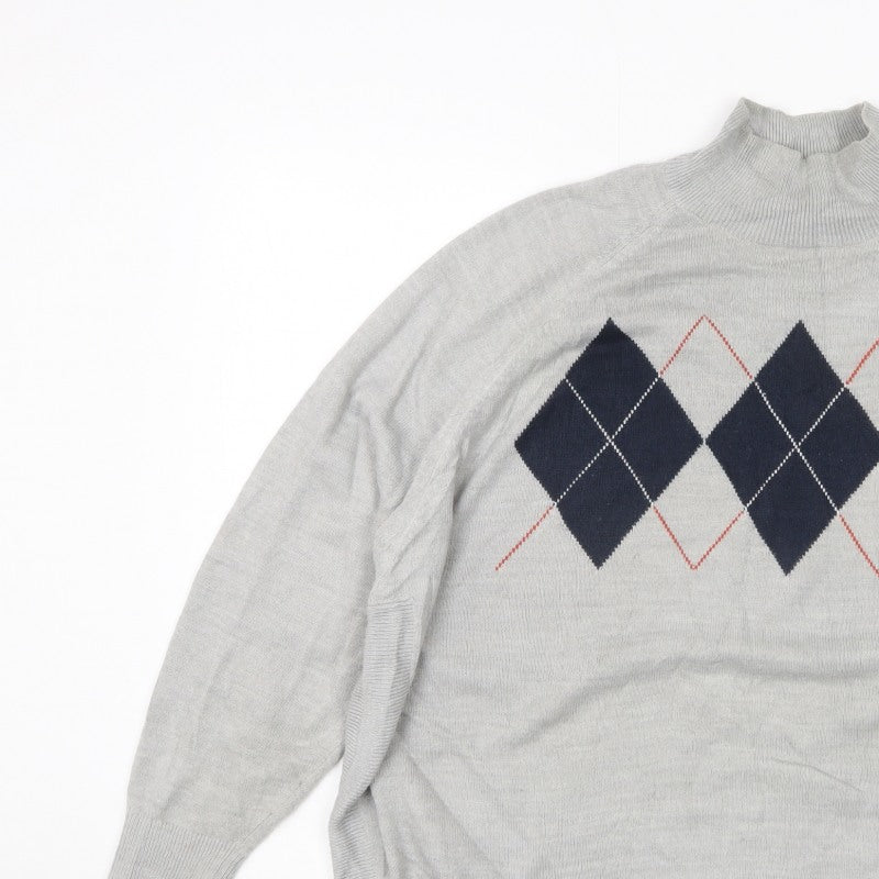 Marks & Spencer Women Grey XL Argyle Mock Neck Knit Jumper