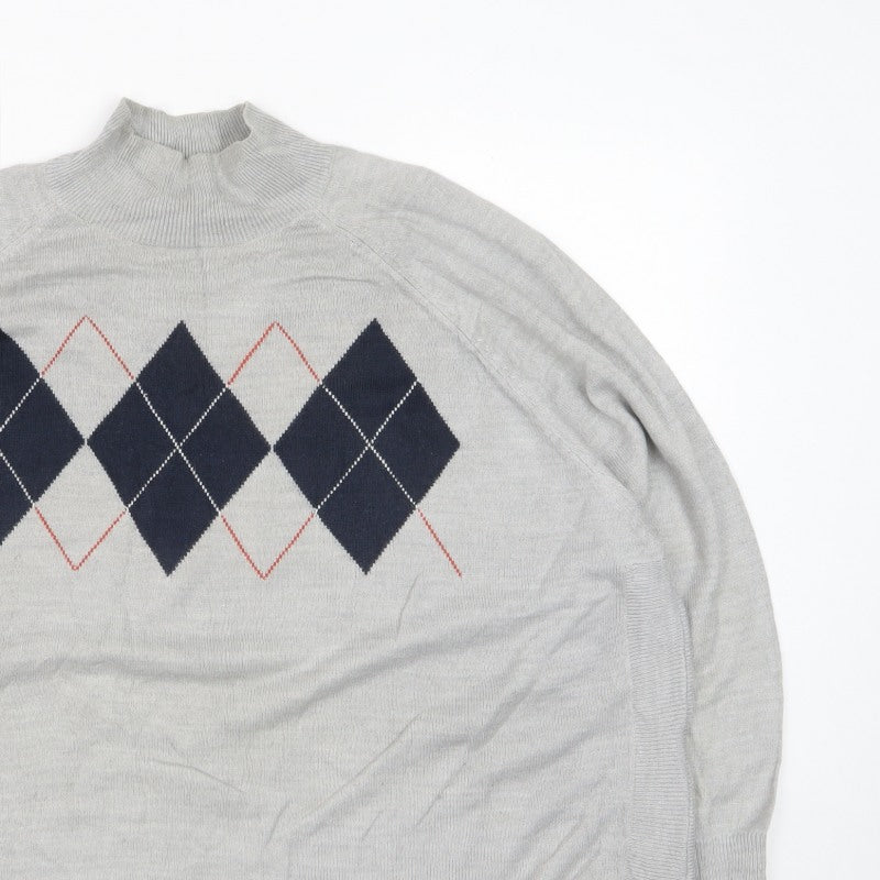 Marks & Spencer Women Grey XL Argyle Mock Neck Knit Jumper