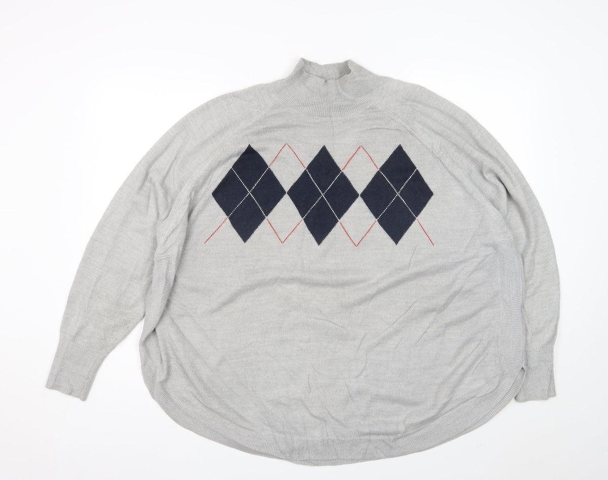 Marks & Spencer Women Grey XL Argyle Mock Neck Knit Jumper