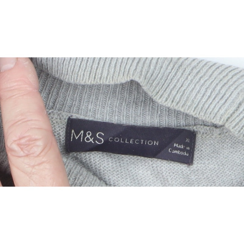 Marks & Spencer Women Grey XL Argyle Mock Neck Knit Jumper