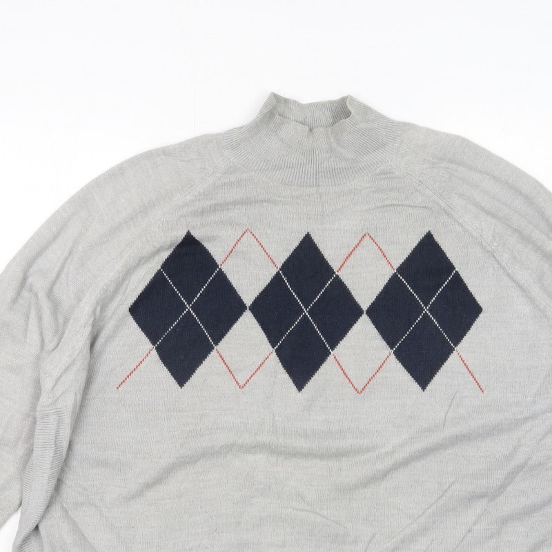 Marks & Spencer Women Grey XL Argyle Mock Neck Knit Jumper