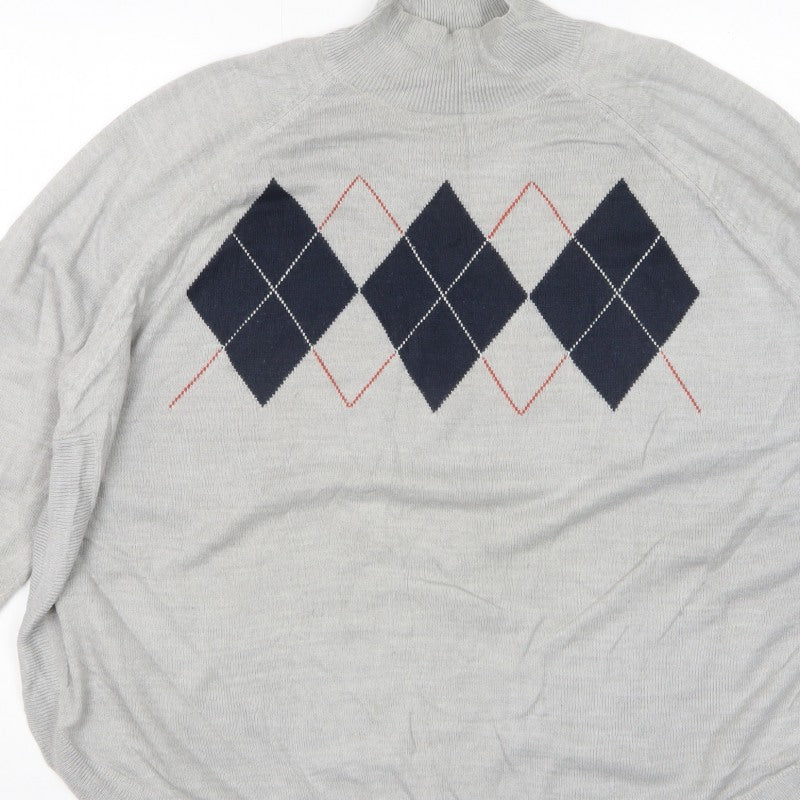 Marks & Spencer Women Grey XL Argyle Mock Neck Knit Jumper