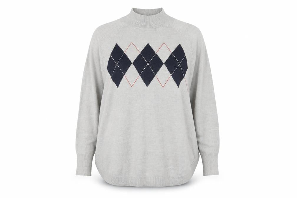 Marks & Spencer Women Grey XL Argyle Mock Neck Knit Jumper