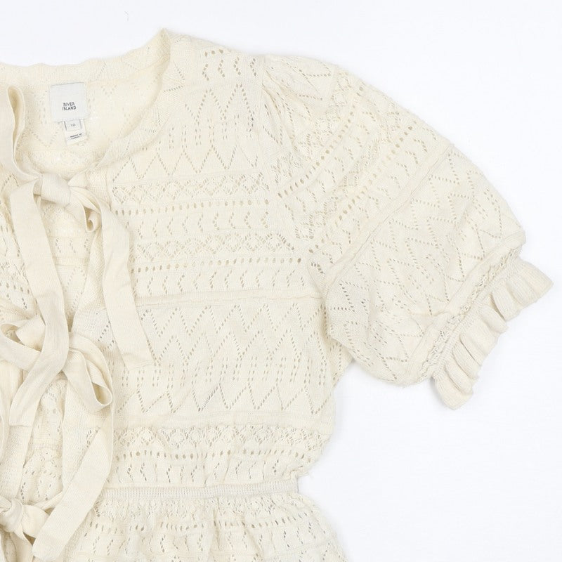 River Island Women Ivory UK 10 Knit Tie Front Ruffle Boho Blouse