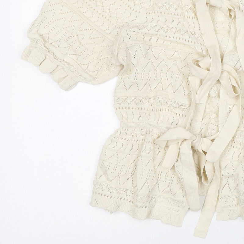River Island Women Ivory UK 10 Knit Tie Front Ruffle Boho Blouse