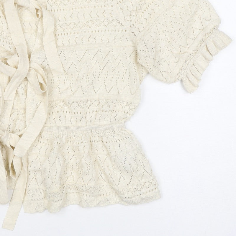 River Island Women Ivory UK 10 Knit Tie Front Ruffle Boho Blouse