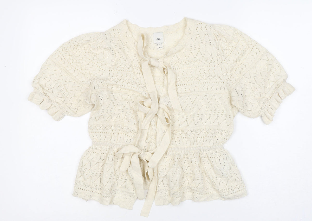 River Island Women Ivory UK 10 Knit Tie Front Ruffle Boho Blouse
