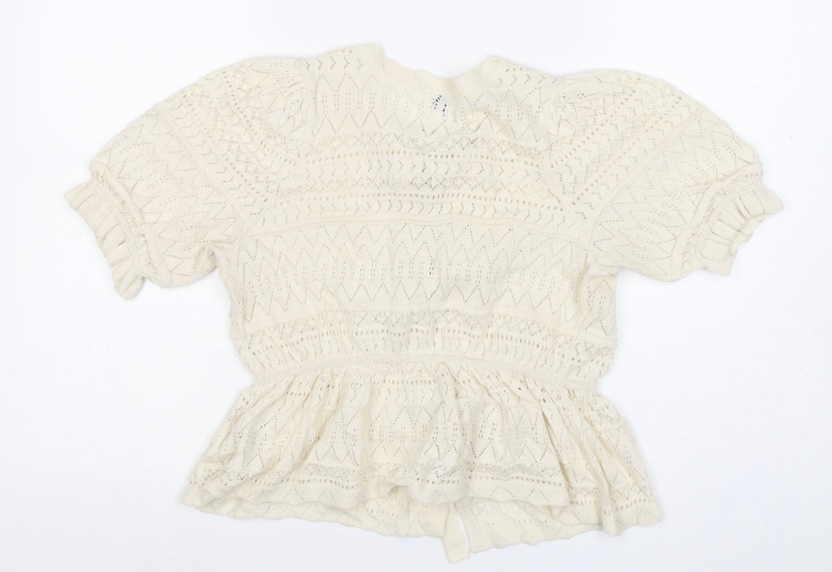River Island Women Ivory UK 10 Knit Tie Front Ruffle Boho Blouse