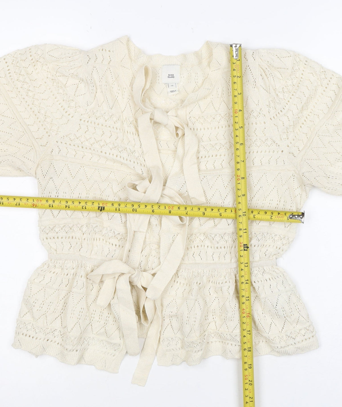 River Island Women Ivory UK 10 Knit Tie Front Ruffle Boho Blouse