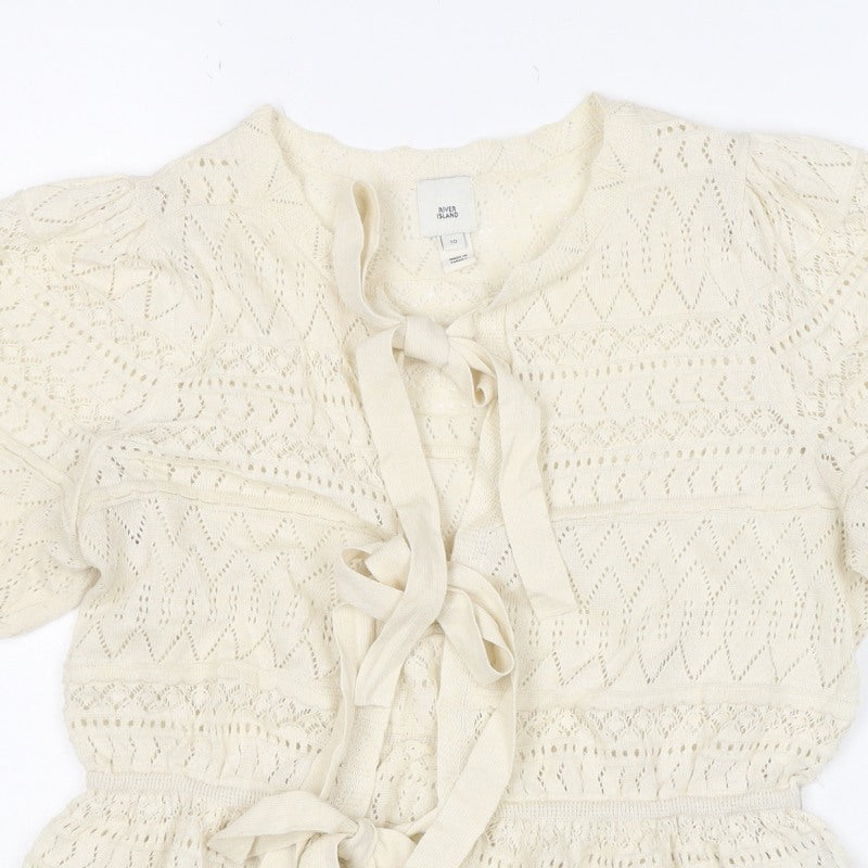 River Island Women Ivory UK 10 Knit Tie Front Ruffle Boho Blouse