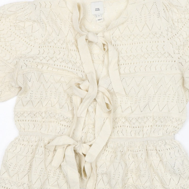 River Island Women Ivory UK 10 Knit Tie Front Ruffle Boho Blouse