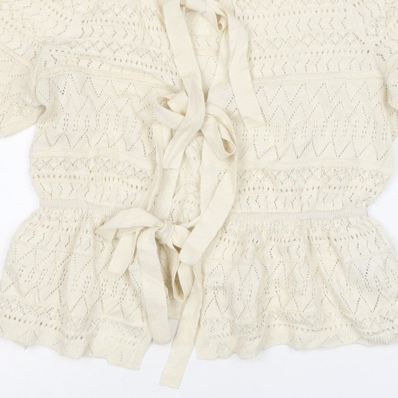 River Island Women Ivory UK 10 Knit Tie Front Ruffle Boho Blouse