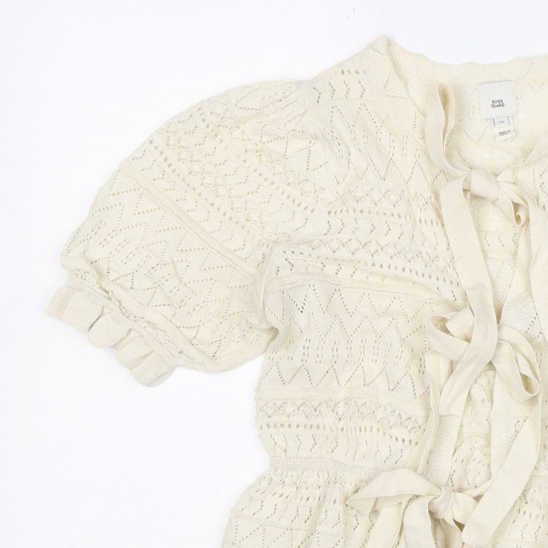 River Island Women Ivory UK 10 Knit Tie Front Ruffle Boho Blouse