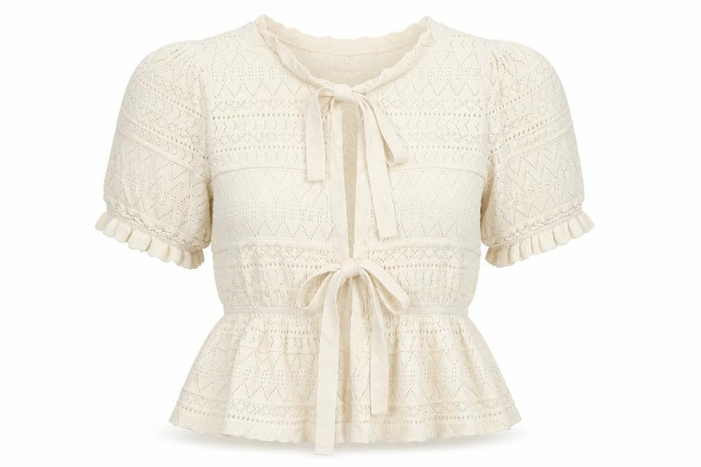 River Island Women Ivory UK 10 Knit Tie Front Ruffle Boho Blouse