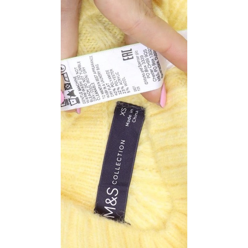 M&S Collection Women Yellow XS Wool Blend Mock Neck Chunky Knit Jumper