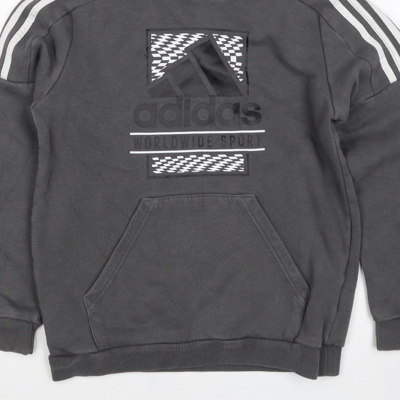 adidas Boys Grey 11-12 Years Pullover Hoodie Logo Pockets