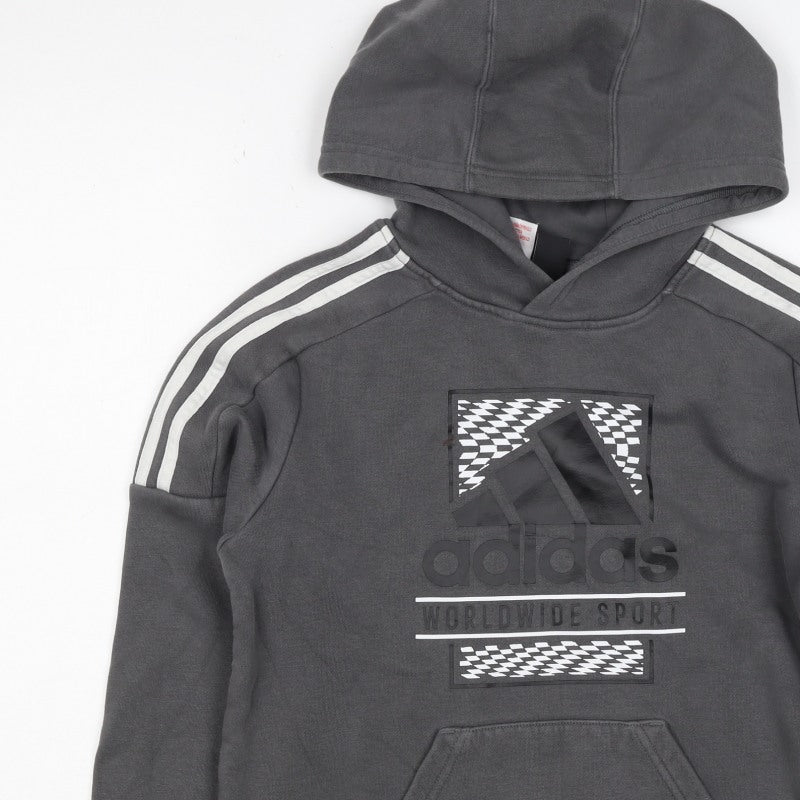 adidas Boys Grey 11-12 Years Pullover Hoodie Logo Pockets