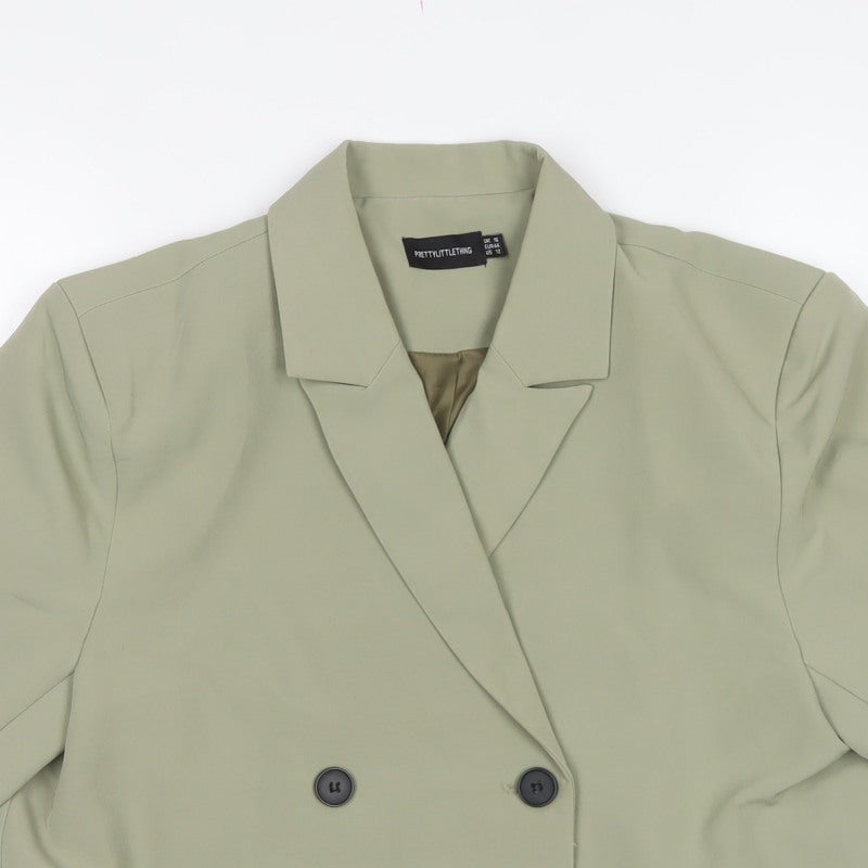 PrettyLittleThing Women Green UK 16 Double-Breasted 3/4 Sleeve Blazer