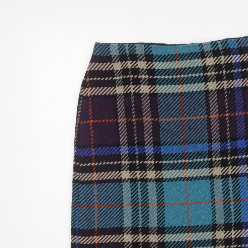 Marks & Spencer Women's Blue Plaid Wool Pencil Mini Skirt UK 14