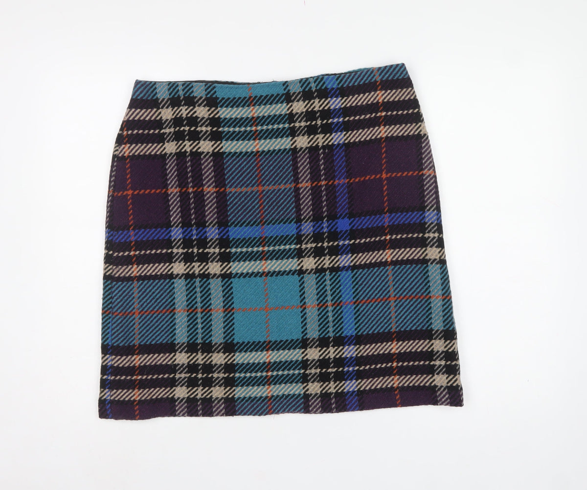 Marks & Spencer Women's Blue Plaid Wool Pencil Mini Skirt UK 14