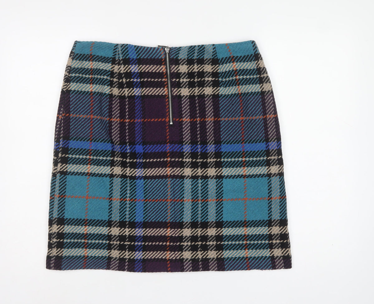 Marks & Spencer Women's Blue Plaid Wool Pencil Mini Skirt UK 14