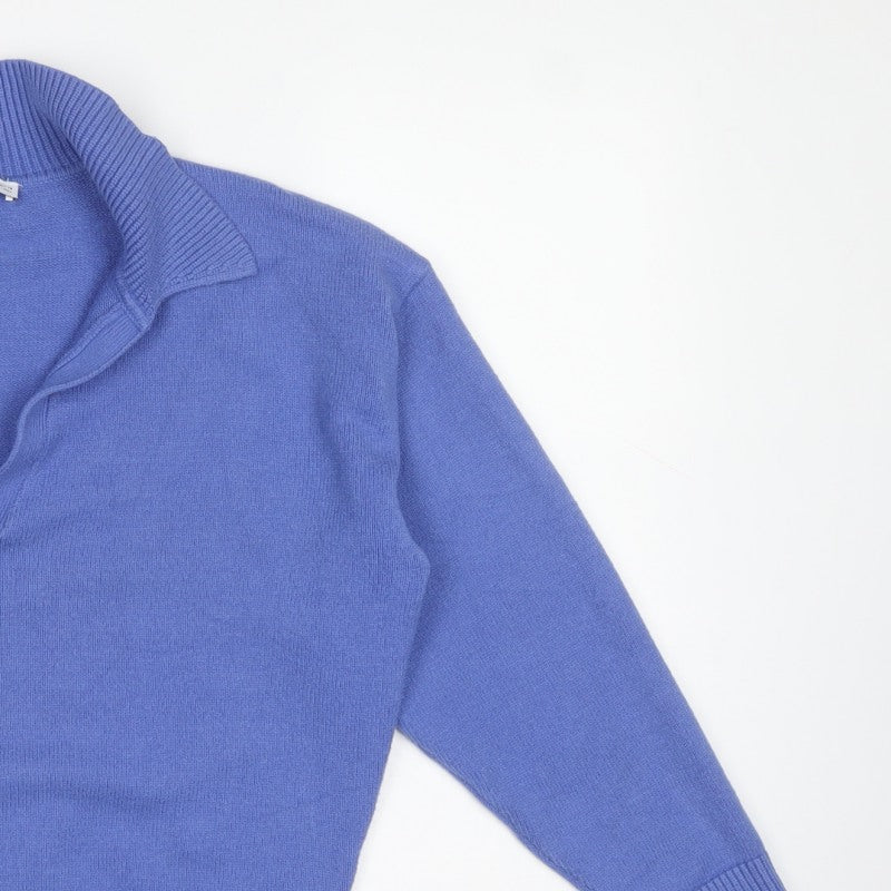 Zara Women Blue M Collared Fine Knit V-Neck Pullover Jumper