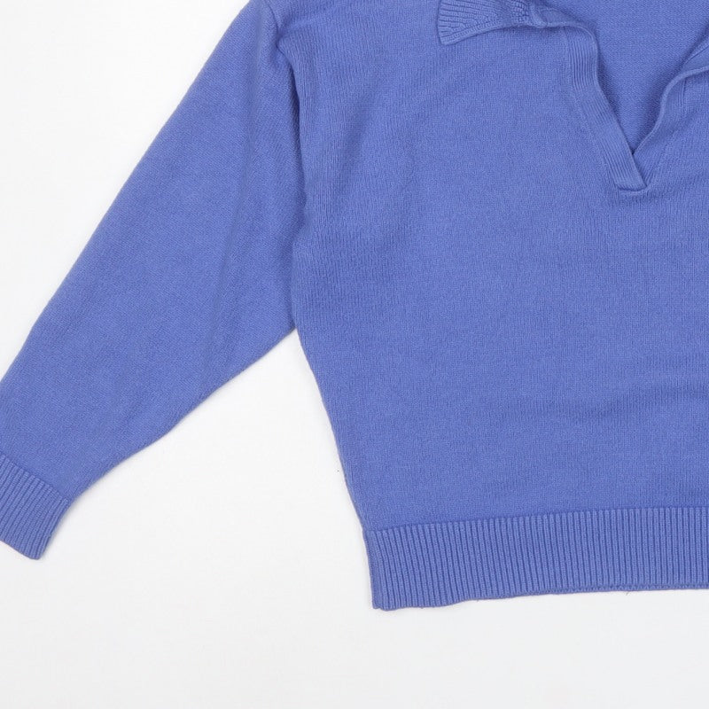 Zara Women Blue M Collared Fine Knit V-Neck Pullover Jumper