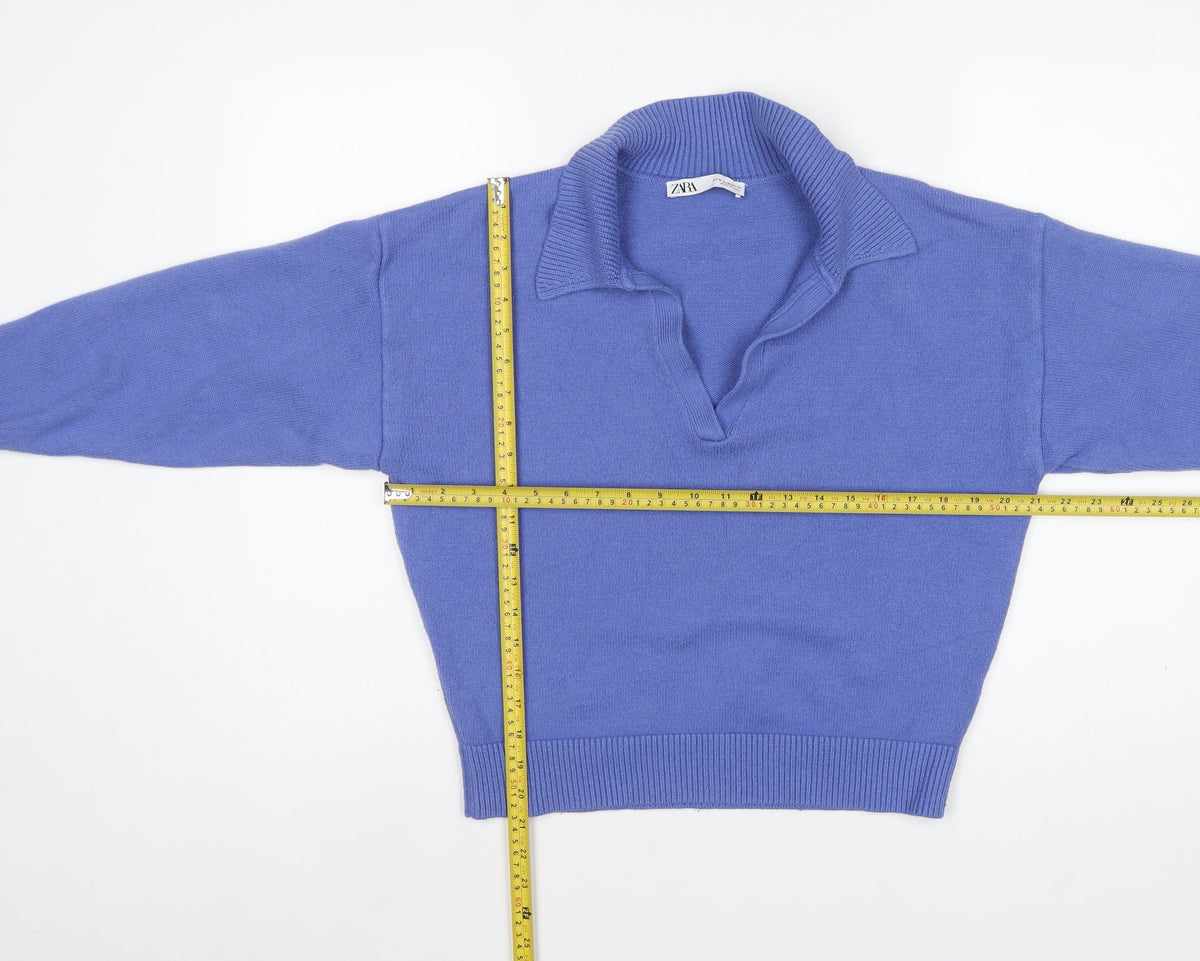 Zara Women Blue M Collared Fine Knit V-Neck Pullover Jumper