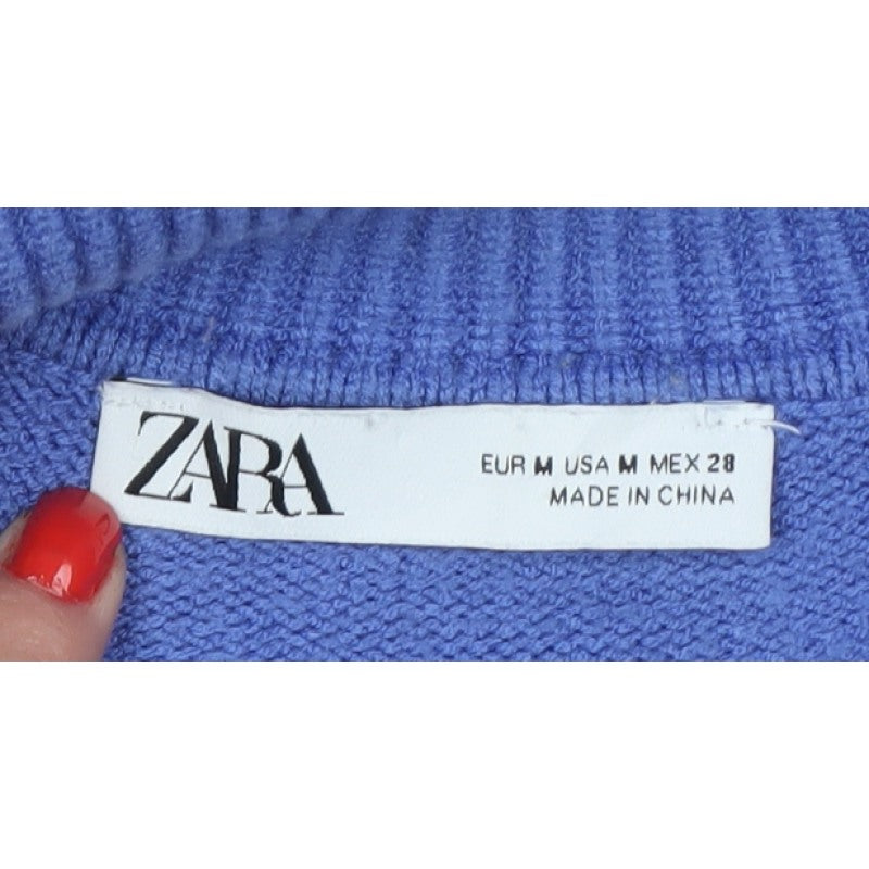 Zara Women Blue M Collared Fine Knit V-Neck Pullover Jumper