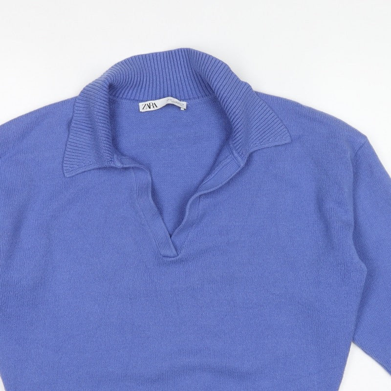Zara Women Blue M Collared Fine Knit V-Neck Pullover Jumper
