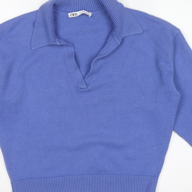 Zara Women Blue M Collared Fine Knit V-Neck Pullover Jumper