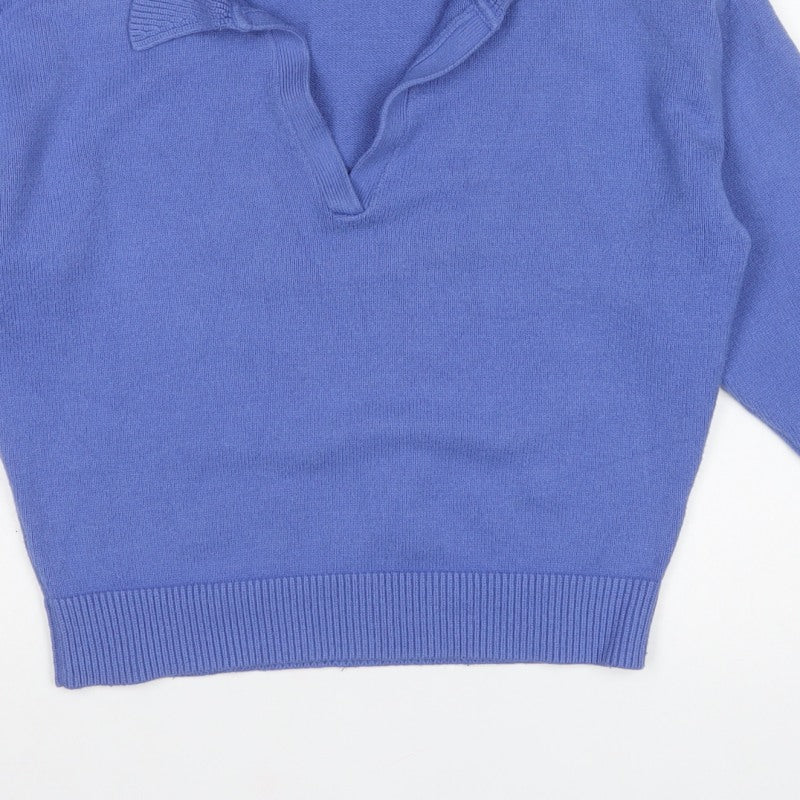Zara Women Blue M Collared Fine Knit V-Neck Pullover Jumper