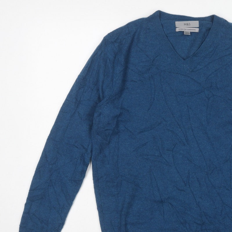 Marks and Spencer Men’s Blue Lambswool V-Neck Pullover Jumper Size S
