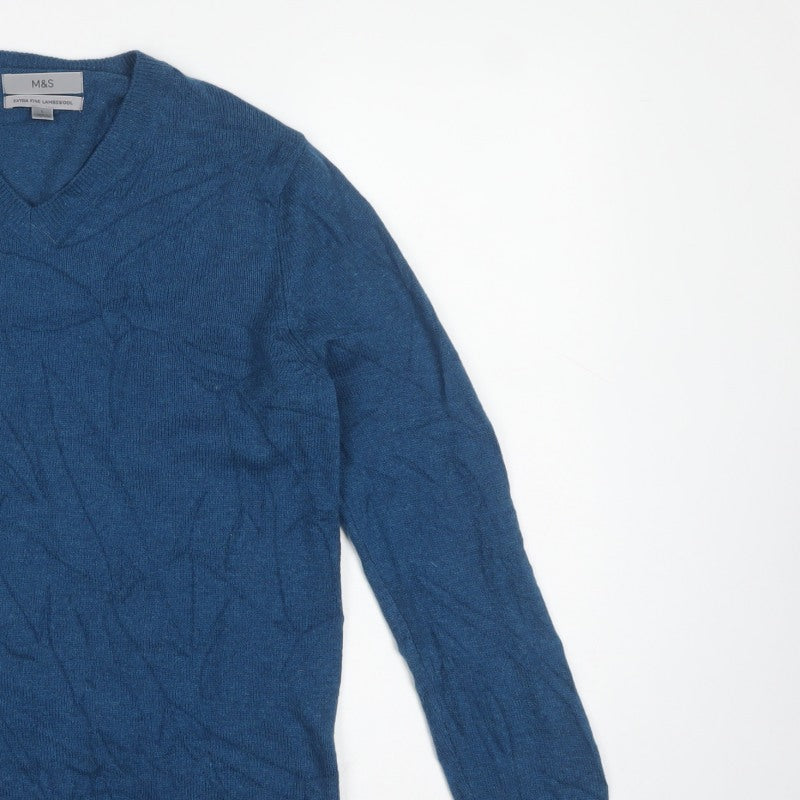 Marks and Spencer Men’s Blue Lambswool V-Neck Pullover Jumper Size S