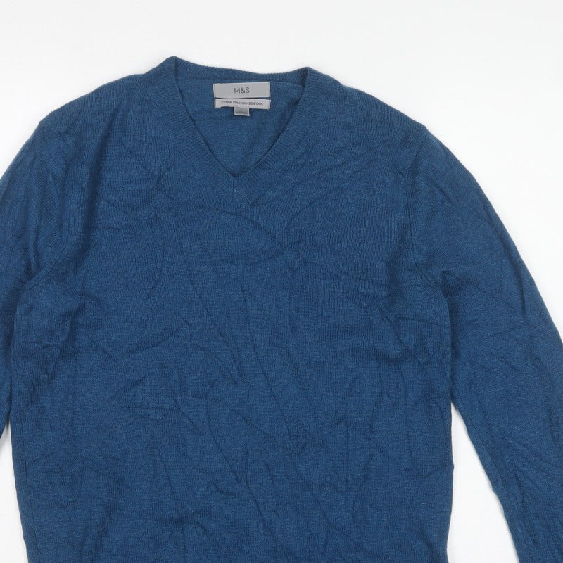 Marks and Spencer Men’s Blue Lambswool V-Neck Pullover Jumper Size S