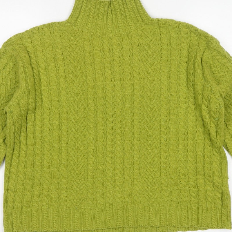 M&S Womens Green M Cable Knit Roll Neck Wool Blend Jumper