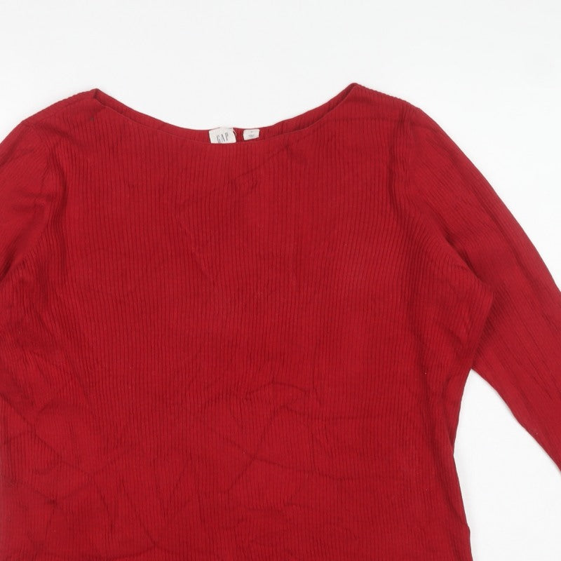GAP Women Red M Ribbed Cotton Boat Neck Long Sleeve Pullover Jumper