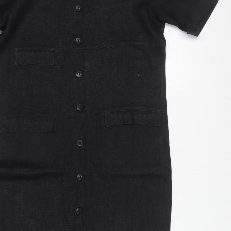 Joyce Ridings Women Black UK 10 Long Shift Dress Button Front Pockets