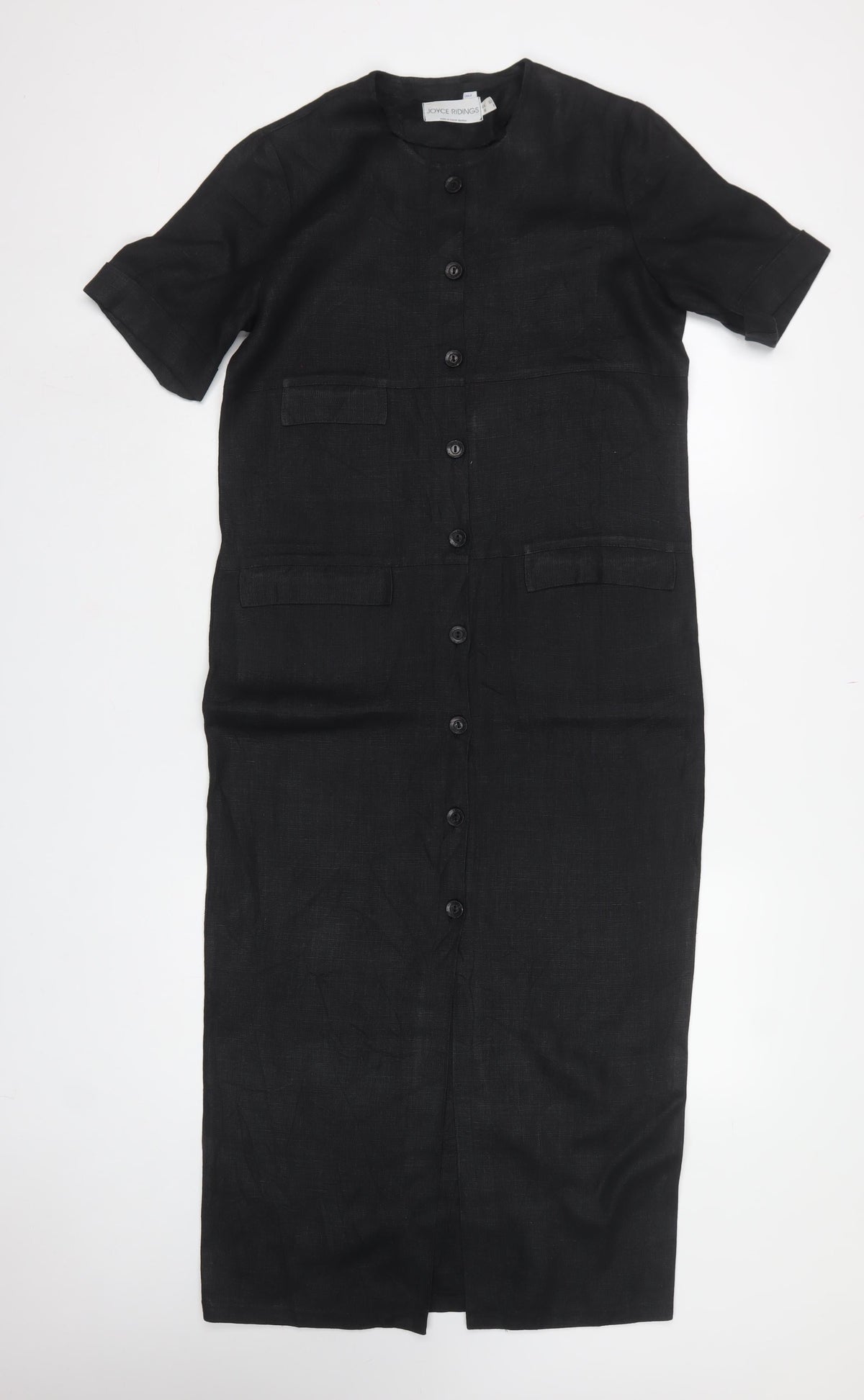 Joyce Ridings Women Black UK 10 Long Shift Dress Button Front Pockets