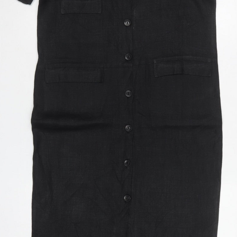 Joyce Ridings Women Black UK 10 Long Shift Dress Button Front Pockets
