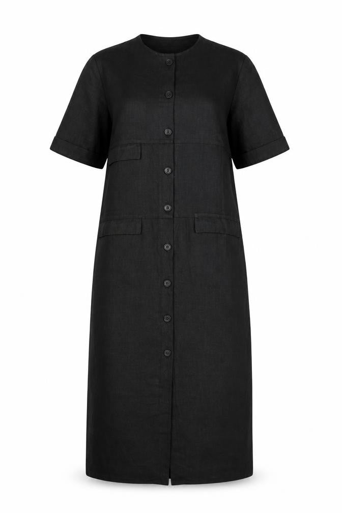 Joyce Ridings Women Black UK 10 Long Shift Dress Button Front Pockets