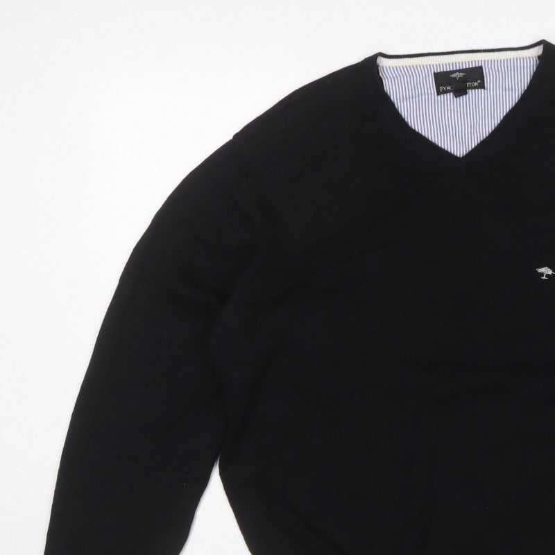 Fynch-Hatton Men’s Black M V-Neck Cotton Logo Pullover Jumper