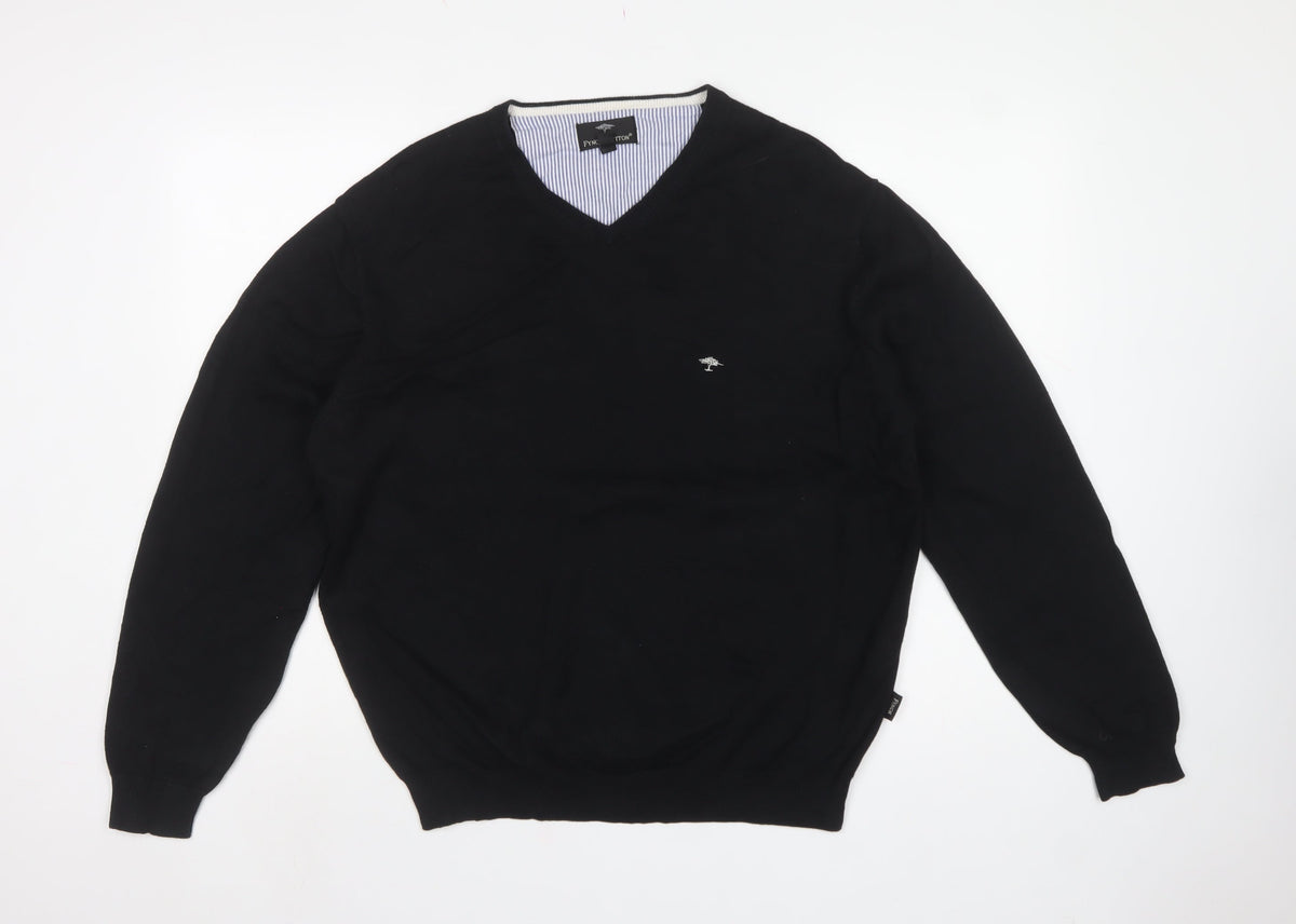 Fynch-Hatton Men’s Black M V-Neck Cotton Logo Pullover Jumper